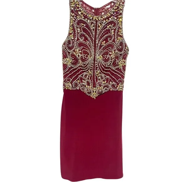 Burgundy Beaded Sequin Prom Dress - Picture 3 of 16